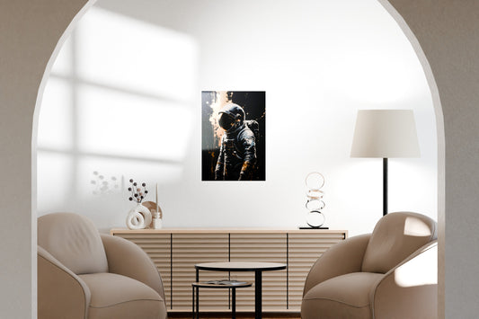 Metal art mockup in a bright minimalist living room with archway and modern furnishings.