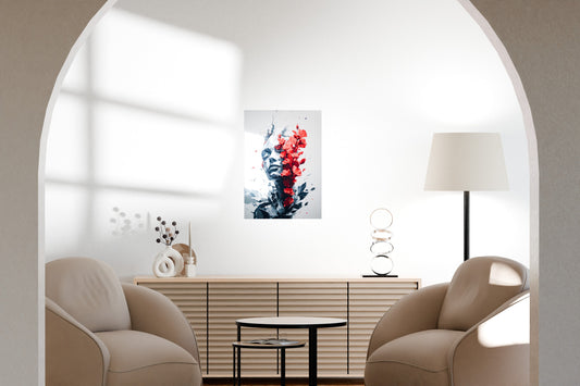 Modern living room scene featuring a metal art print above a light wooden console.