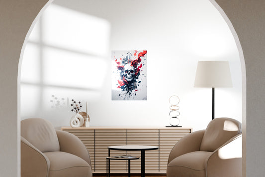 Metal poster mockup in a minimalist living room with warm décor and natural light shadows.