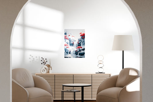 Dramatic metal artwork displayed in a modern living room with curved architecture and soft tones.