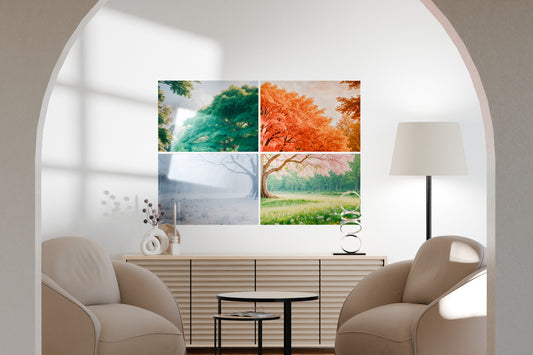 Four-panel metal wall art showcased in a modern neutral living room with soft natural lighting.