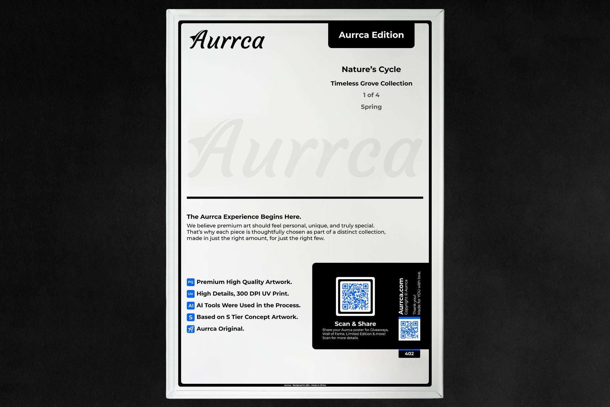 Back of Timeless Grove poster - Aurrca Edition premium metal wall art certificate