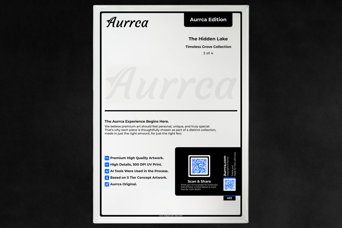 Back of Timeless Grove poster - Aurrca Edition premium metal wall art certificate