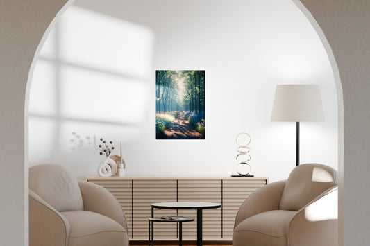 Nature-themed metal poster hanging in a minimalist living room with warm, soft interior tones.