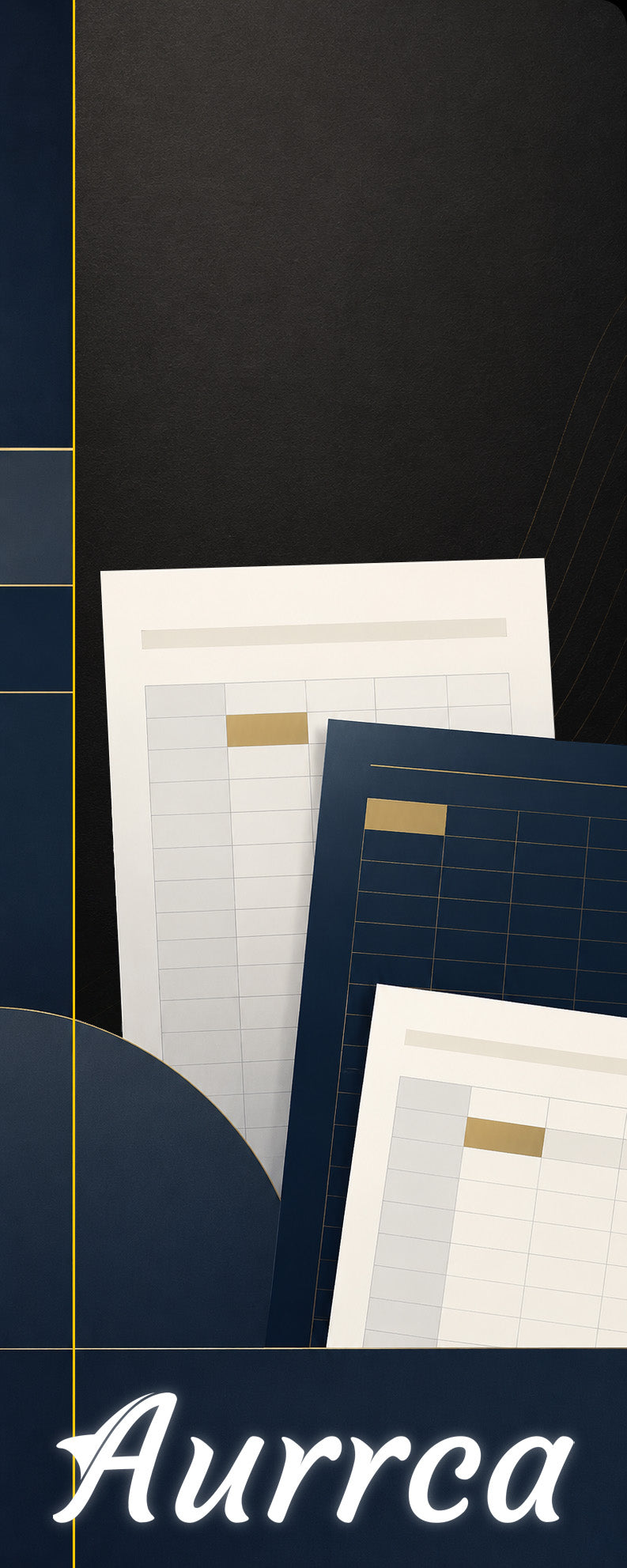 Aurrca brand panel with abstract Google Sheet-inspired tables and dark navy design
