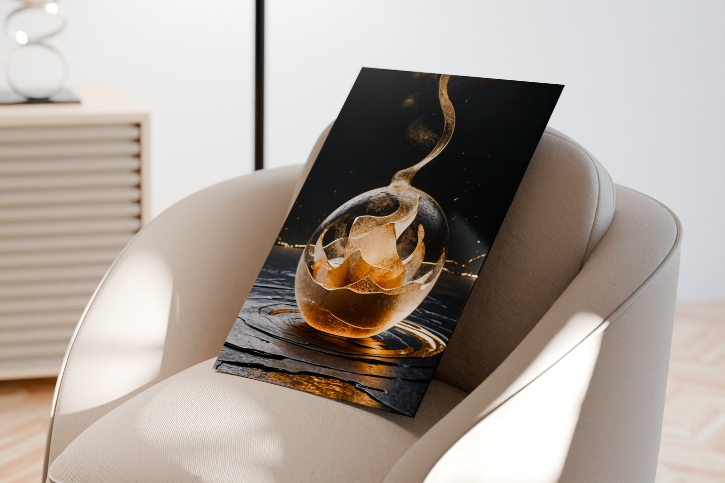 Glowing glass sphere fire metal poster with warm tones on modern chair