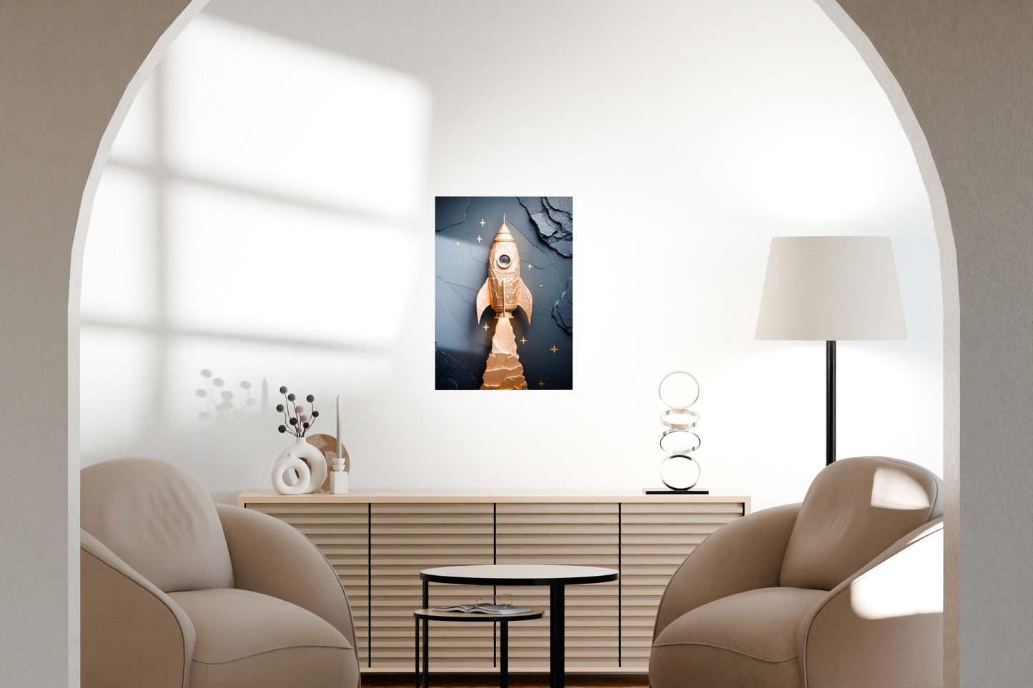 Rocket-themed metal wall art displayed in a clean contemporary living room with neutral furniture.