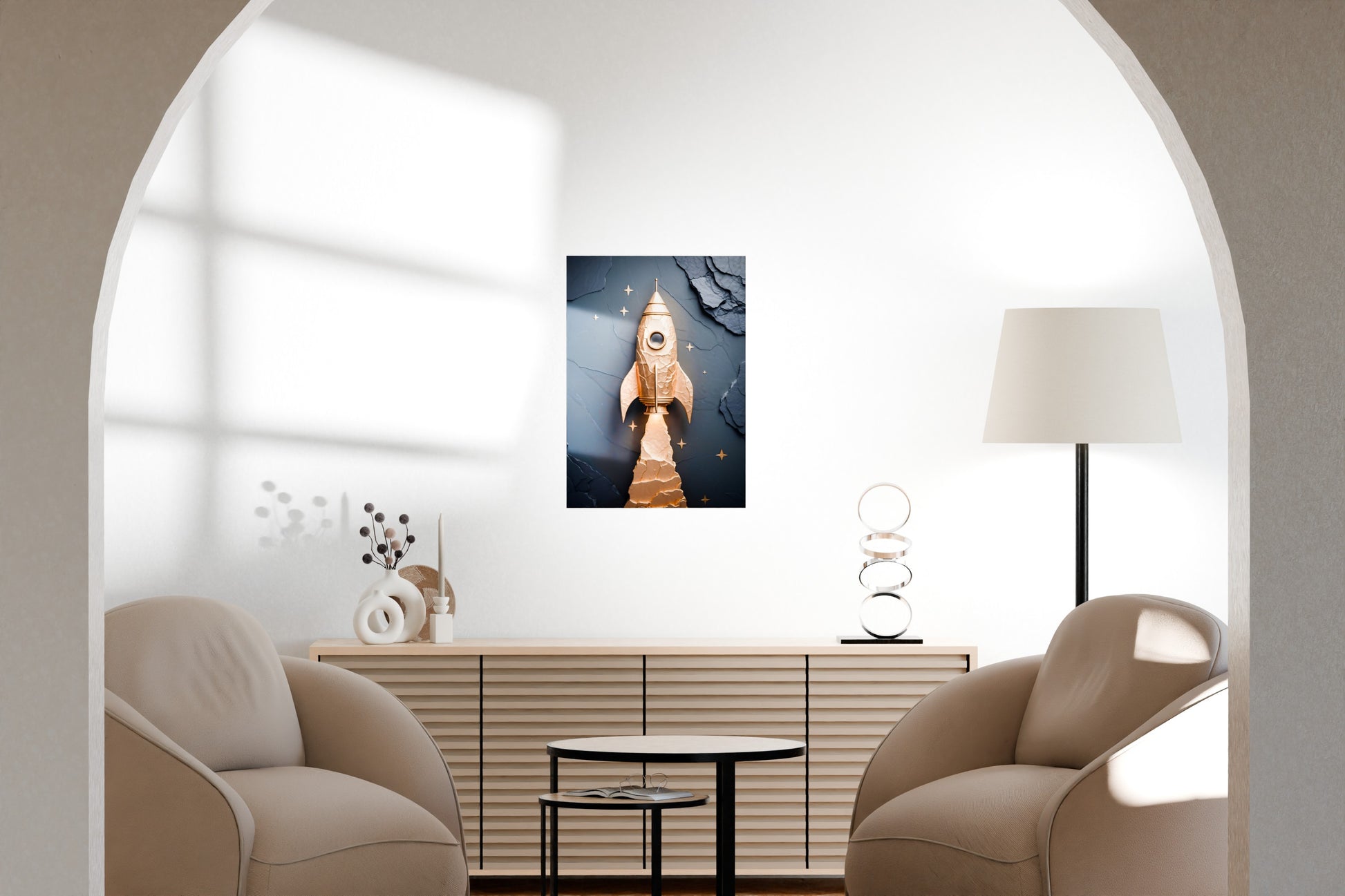 Rocket-themed metal wall art displayed in a clean contemporary living room with neutral furniture.