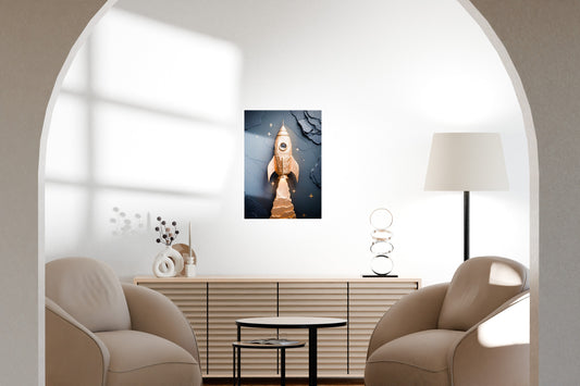 Rocket-themed metal wall art displayed in a clean contemporary living room with neutral furniture.