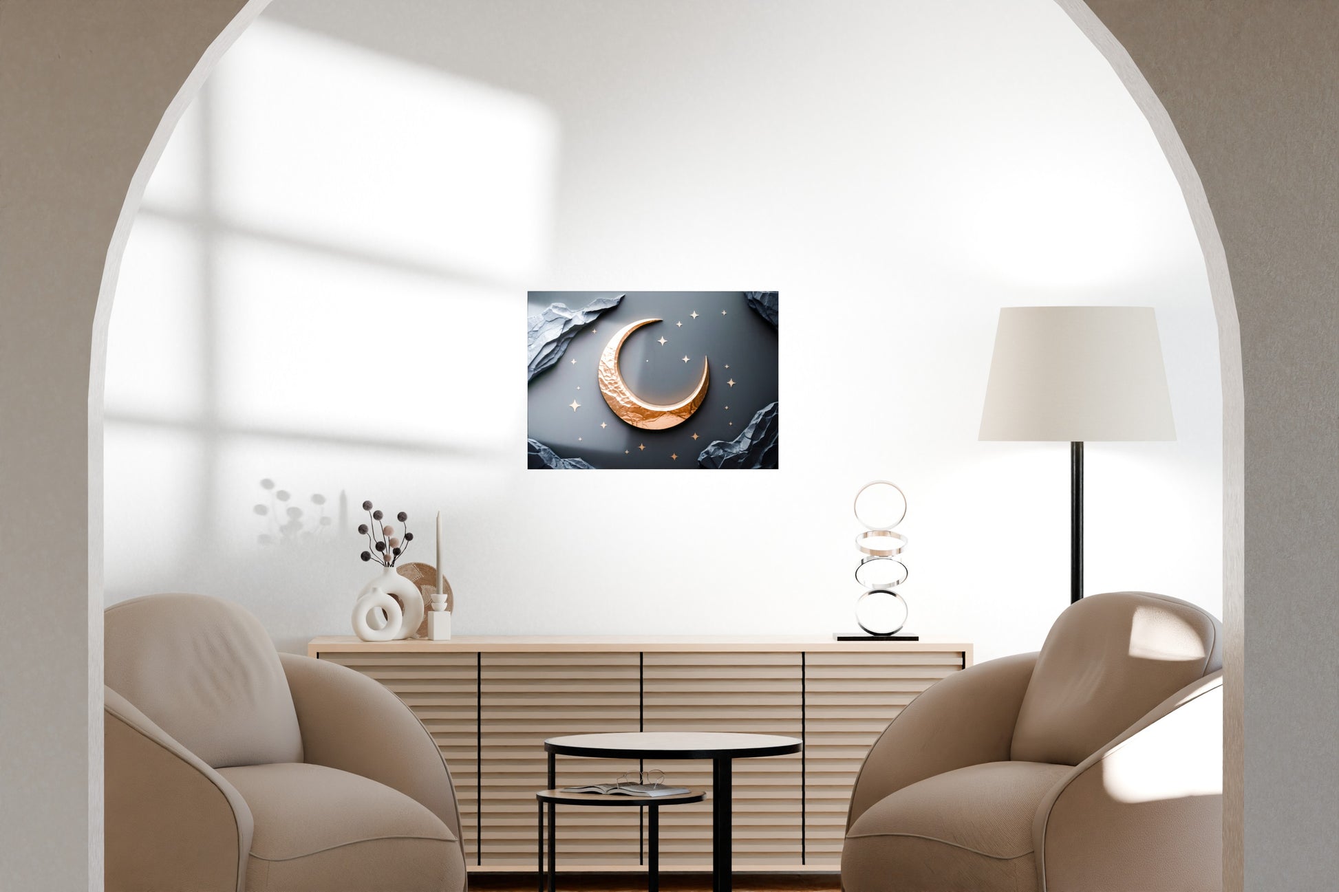 Moon-themed metal poster hanging above a wood console in a bright modern living room.