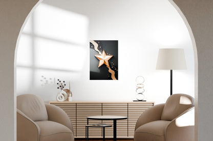 Golden-themed metal wall art displayed in a contemporary living room with elegant neutral seating.