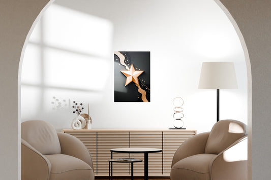 Golden-themed metal wall art displayed in a contemporary living room with elegant neutral seating.