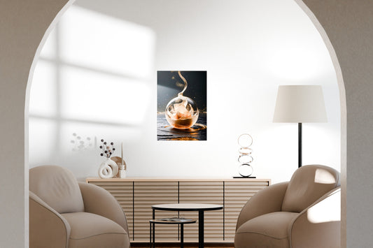 Warm-toned metal artwork showcased in a minimalist living room with subtle decorative accents.
