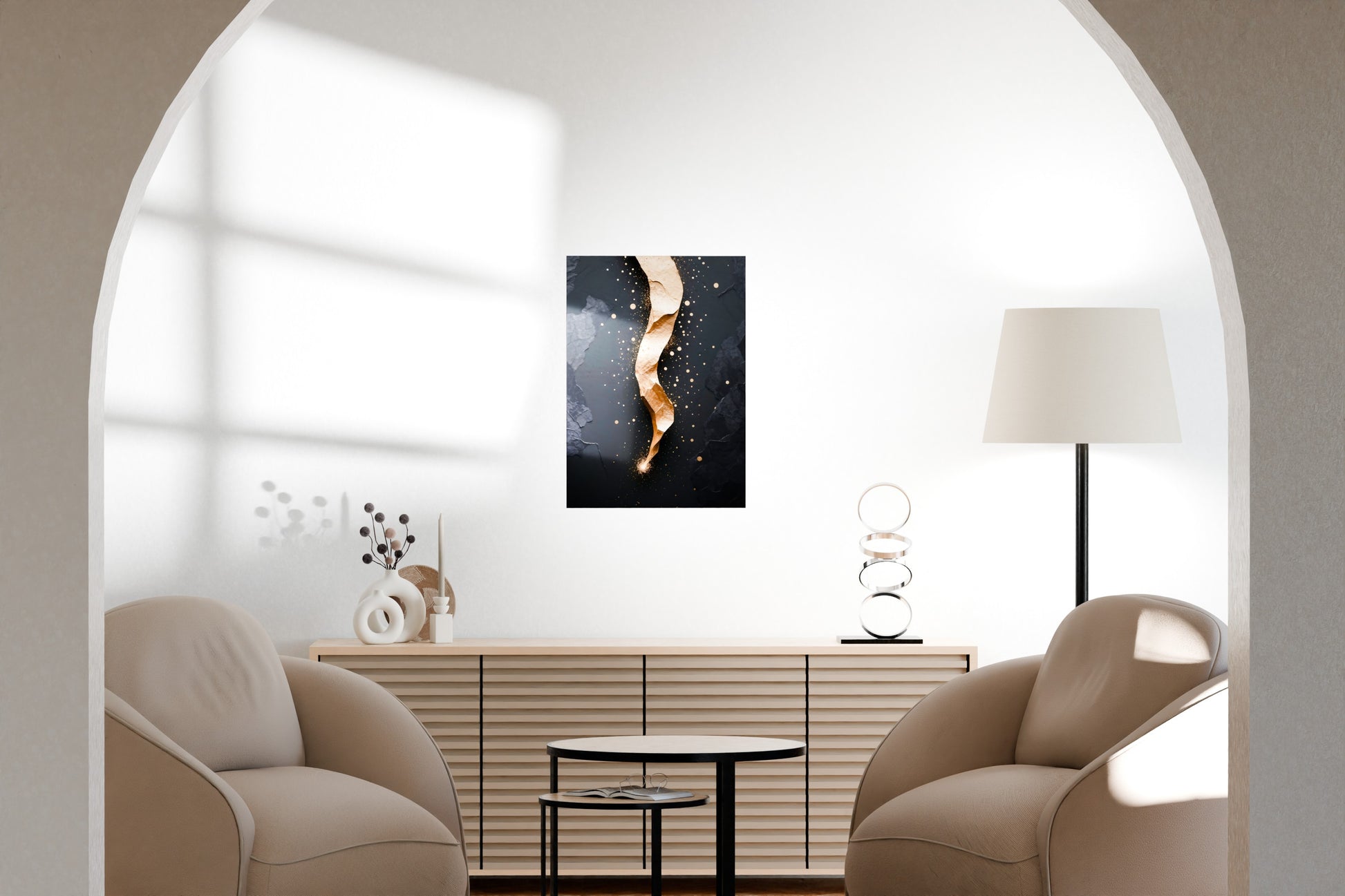 Elegant spiral-themed metal poster displayed in a refined modern living room with soft daylight.