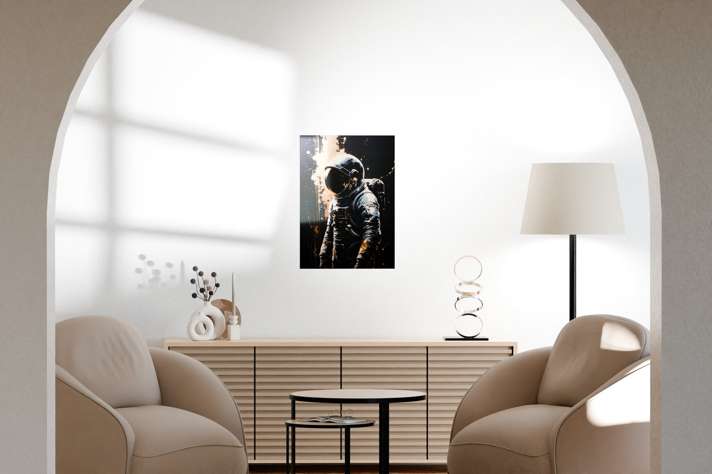 Metal art mockup in a bright minimalist living room with archway and modern furnishings.