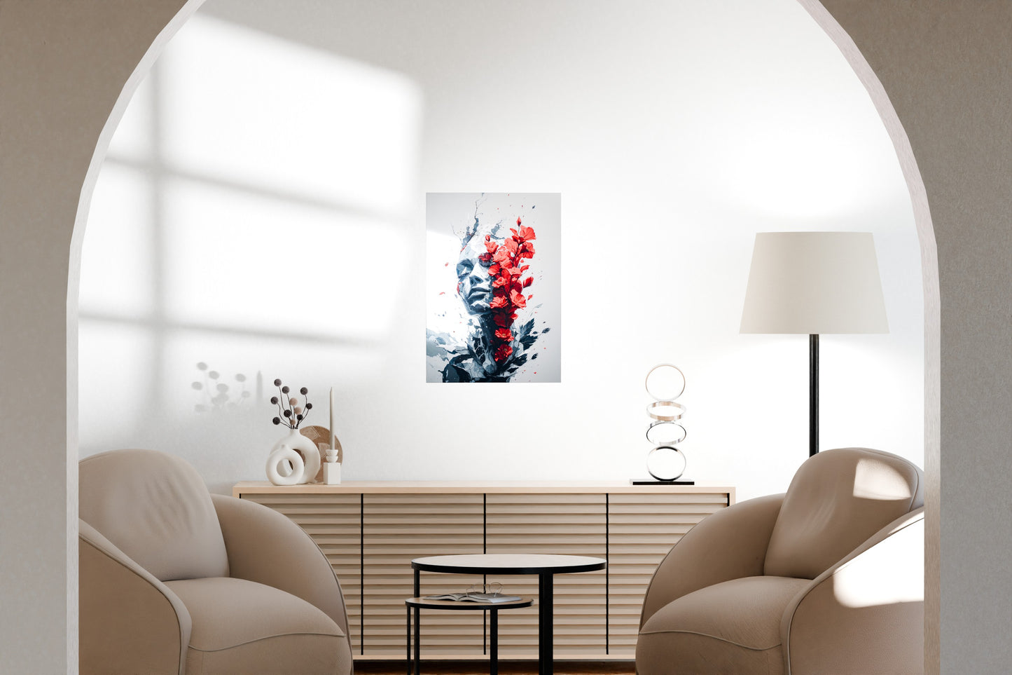 Modern living room scene featuring a metal art print above a light wooden console.