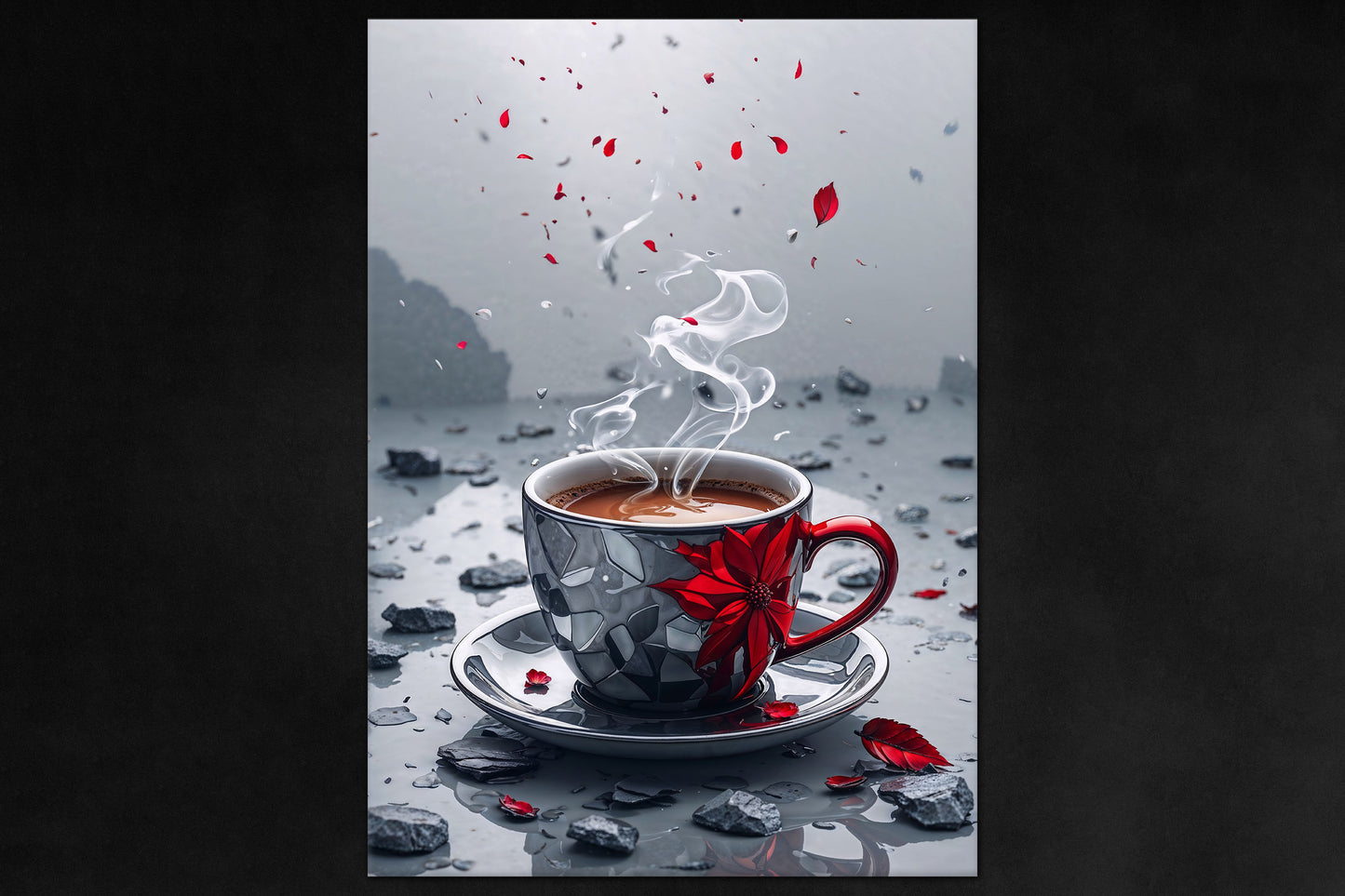 Scarlet Brew poster - coffee-themed emotional metal wall art from Between Realms