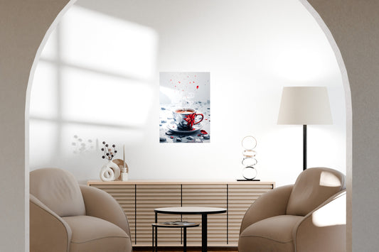Wall art mockup featuring a metal poster in a clean minimalist living room with natural daylight.