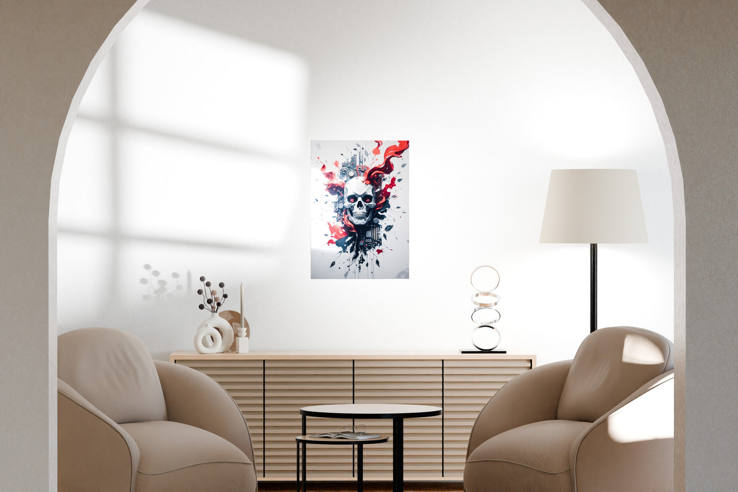 Metal poster mockup in a minimalist living room with warm décor and natural light shadows.
