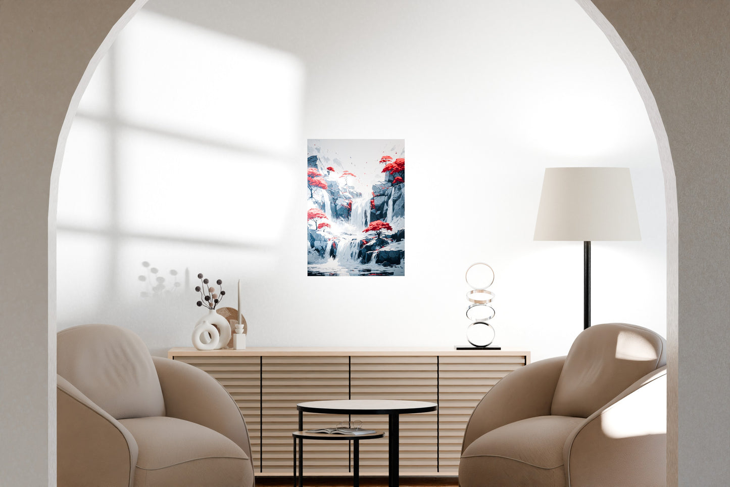 Dramatic metal artwork displayed in a modern living room with curved architecture and soft tones.
