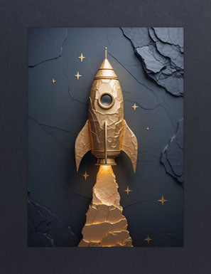Aurum Astralis - Lift Off premium metal magnetic poster, golden rocket wall art decor with celestial design