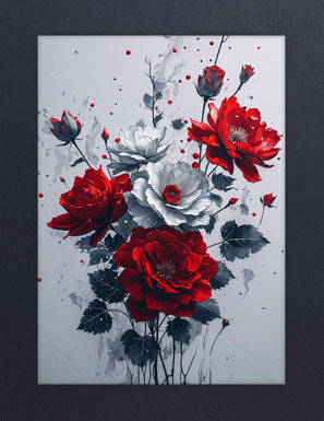Between Realms - Purity metal magnetic poster, red and white floral wall art decor with abstract elegance
