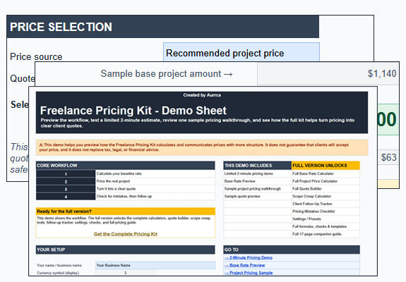 Freelance Pricing Kit demo preview showing what the full version unlocks