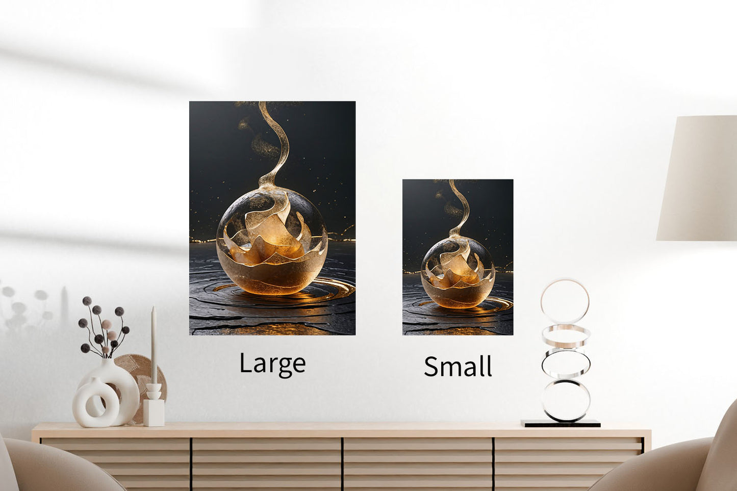 Glowing glass sphere fire-themed metal poster displayed in large and small sizes