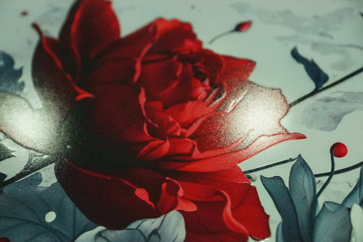 Red rose metal poster artwork with dramatic lighting and glossy finish