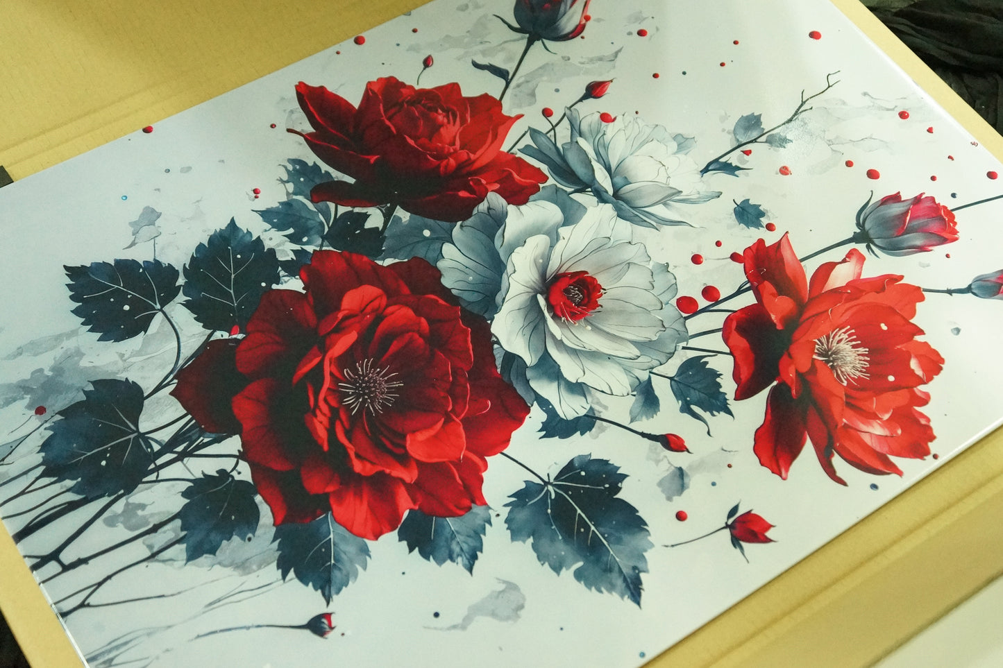 Floral metal poster featuring red roses with paint splash artistic effect