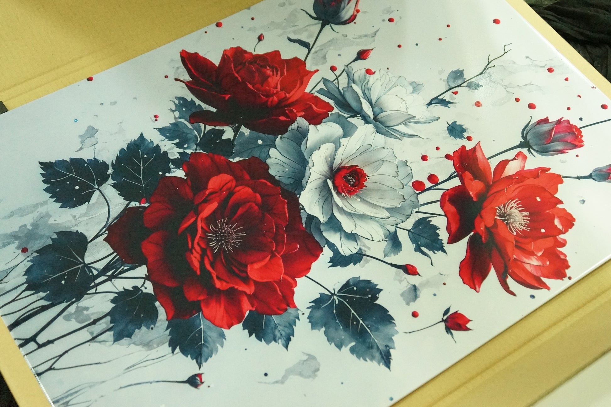 Floral metal poster featuring red roses with paint splash artistic effect