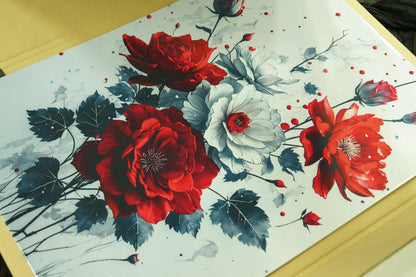Floral metal poster featuring red roses with paint splash artistic effect