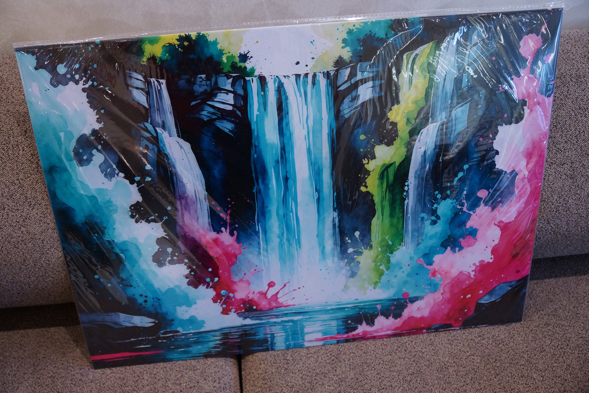 Colorful waterfall metal poster with neon-like tones displayed upright