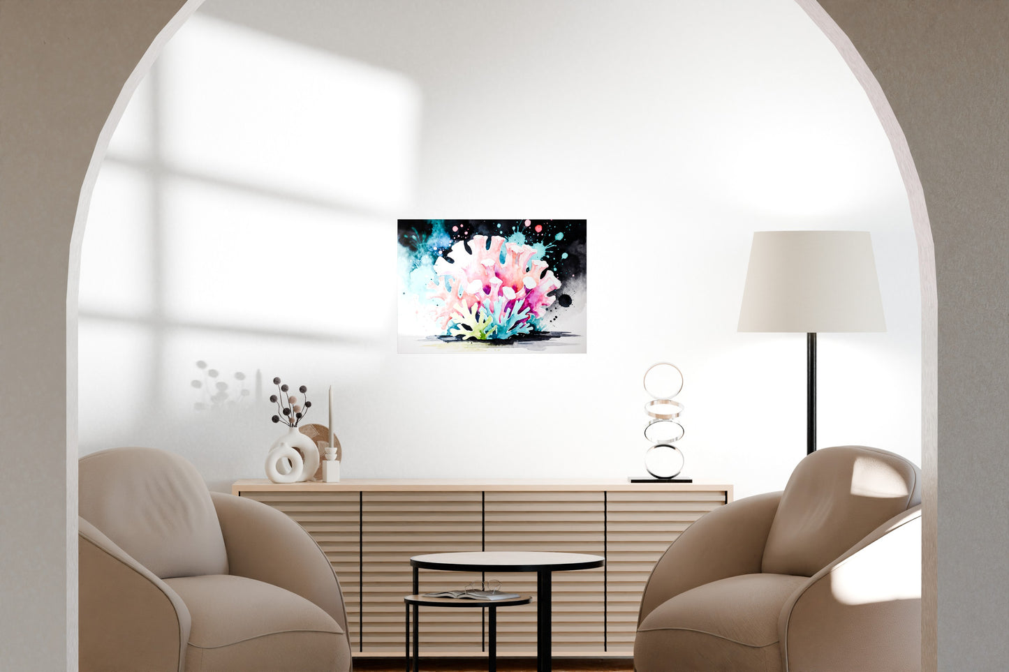 Vibrant wall art mockup in a modern living space with soft natural light and minimalist décor.