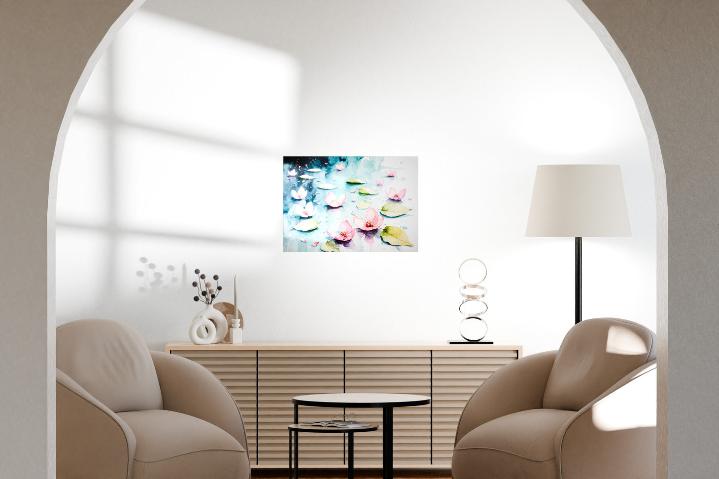 Colorful wall art mockup in a clean modern living room with elegant curved seating and archway.