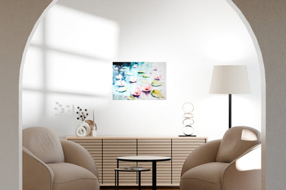 Colorful wall art mockup in a clean modern living room with elegant curved seating and archway.