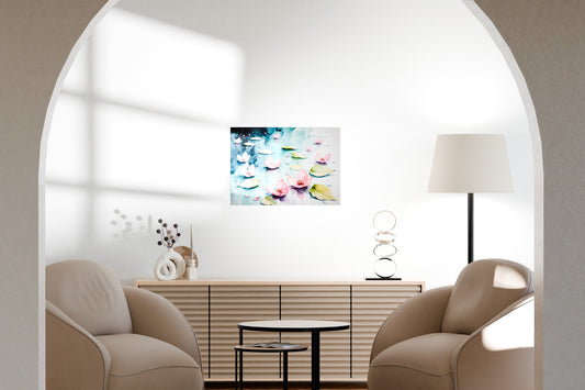 Colorful wall art mockup in a clean modern living room with elegant curved seating and archway.