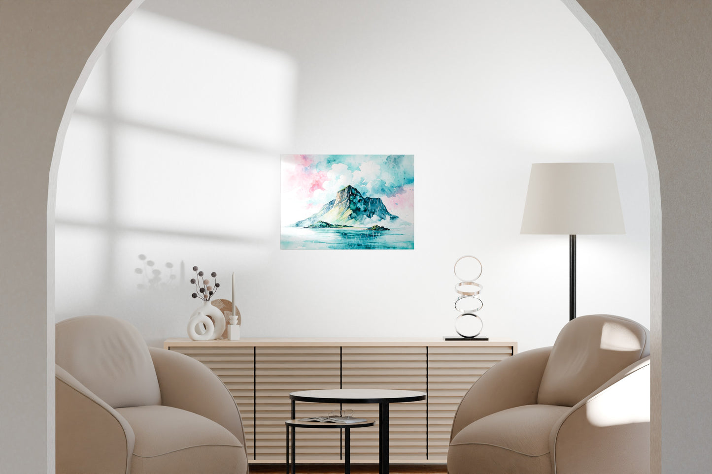Metal wall art displayed in a bright modern living room with curved archway and neutral décor.