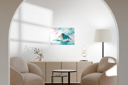 Metal wall art displayed in a bright modern living room with curved archway and neutral décor.