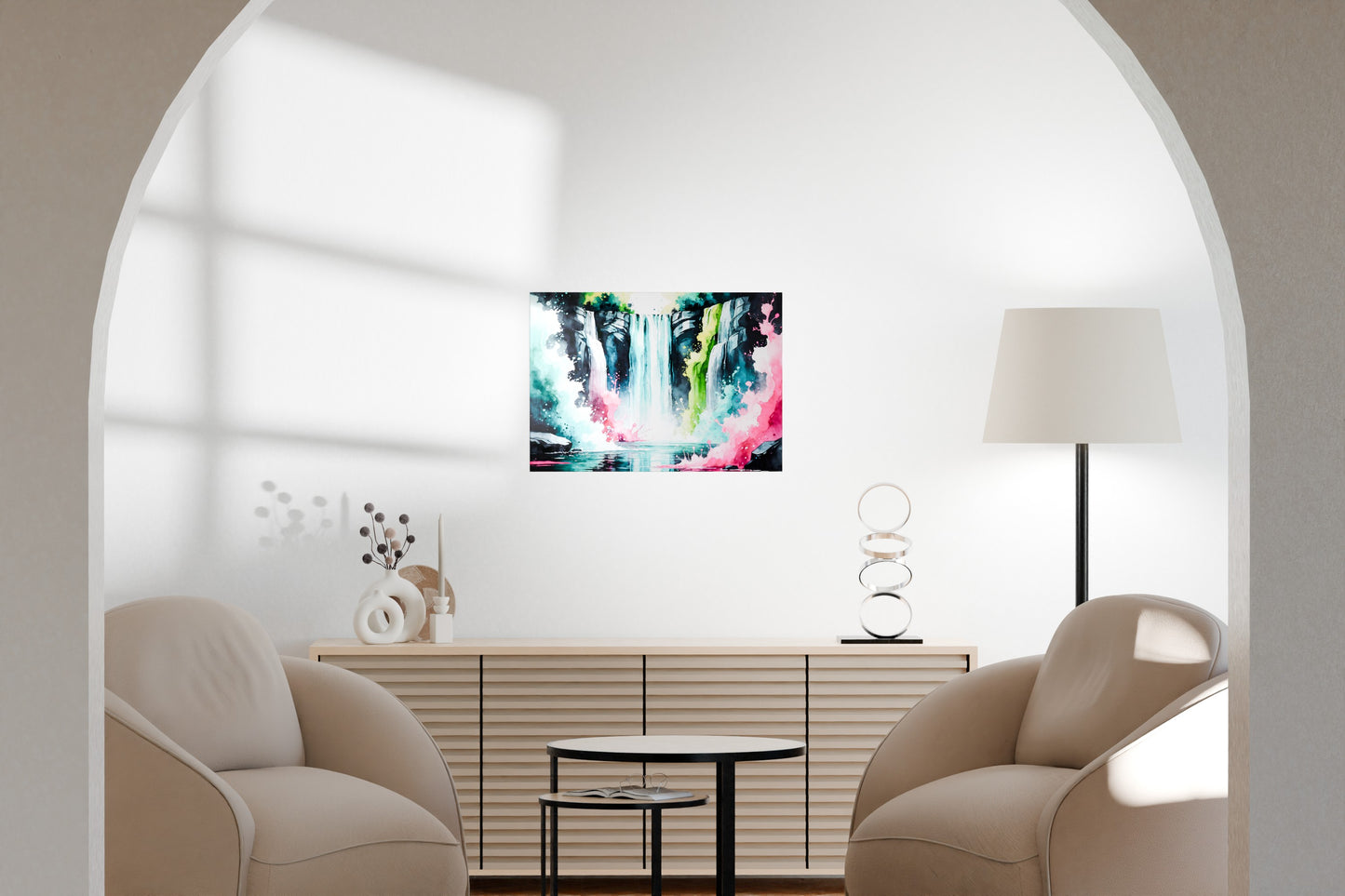 Abstract metal wall art showcased in a serene contemporary living room with neutral furnishings.