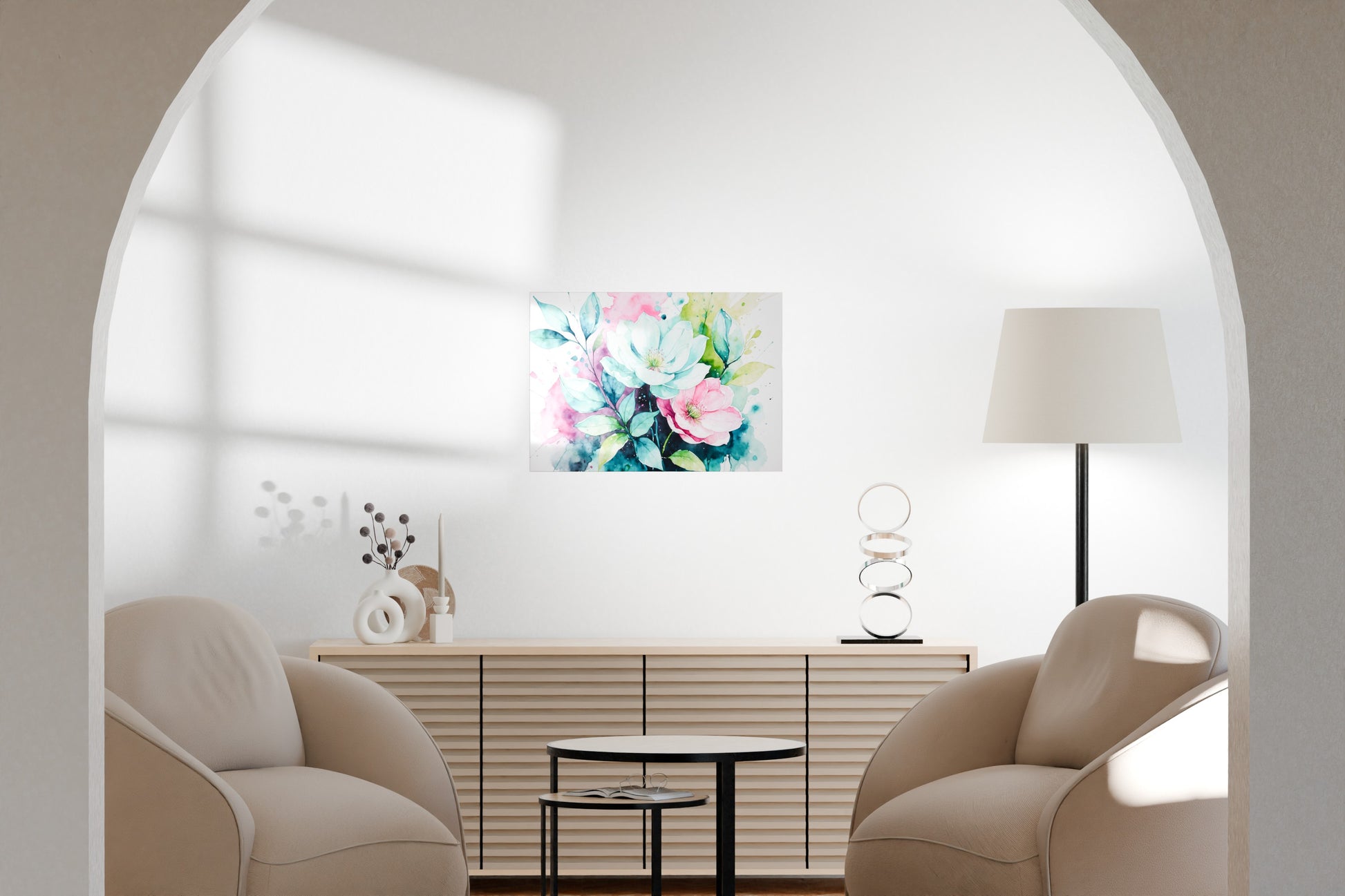 Floral metal wall art displayed in a bright, minimalist living room with beige furniture.