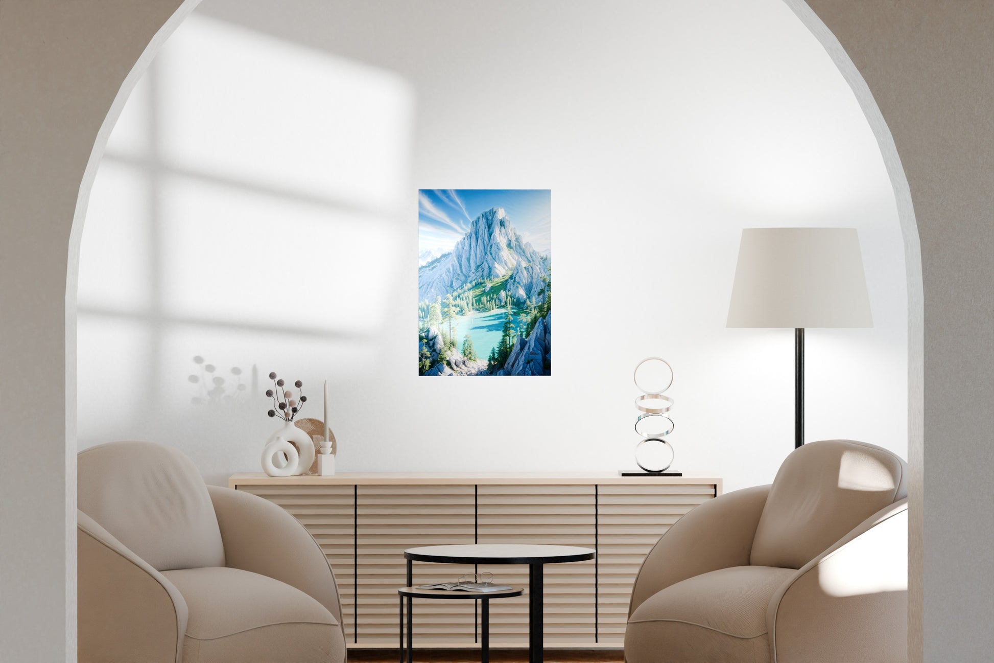 Contemporary living room mockup featuring a metal poster above a minimalist wooden console.