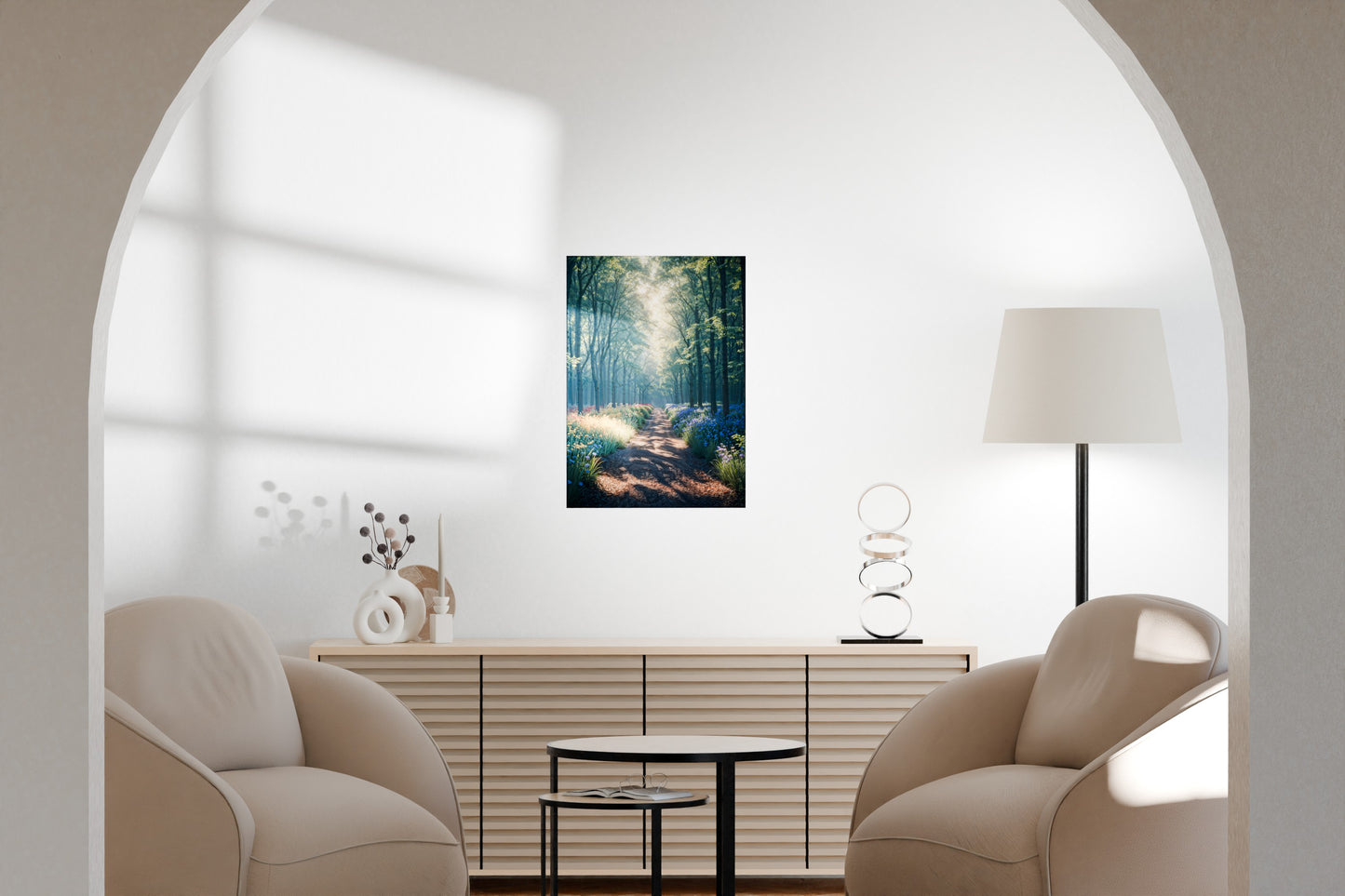 Nature-themed metal poster hanging in a minimalist living room with warm, soft interior tones.
