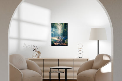 Nature-themed metal poster hanging in a minimalist living room with warm, soft interior tones.