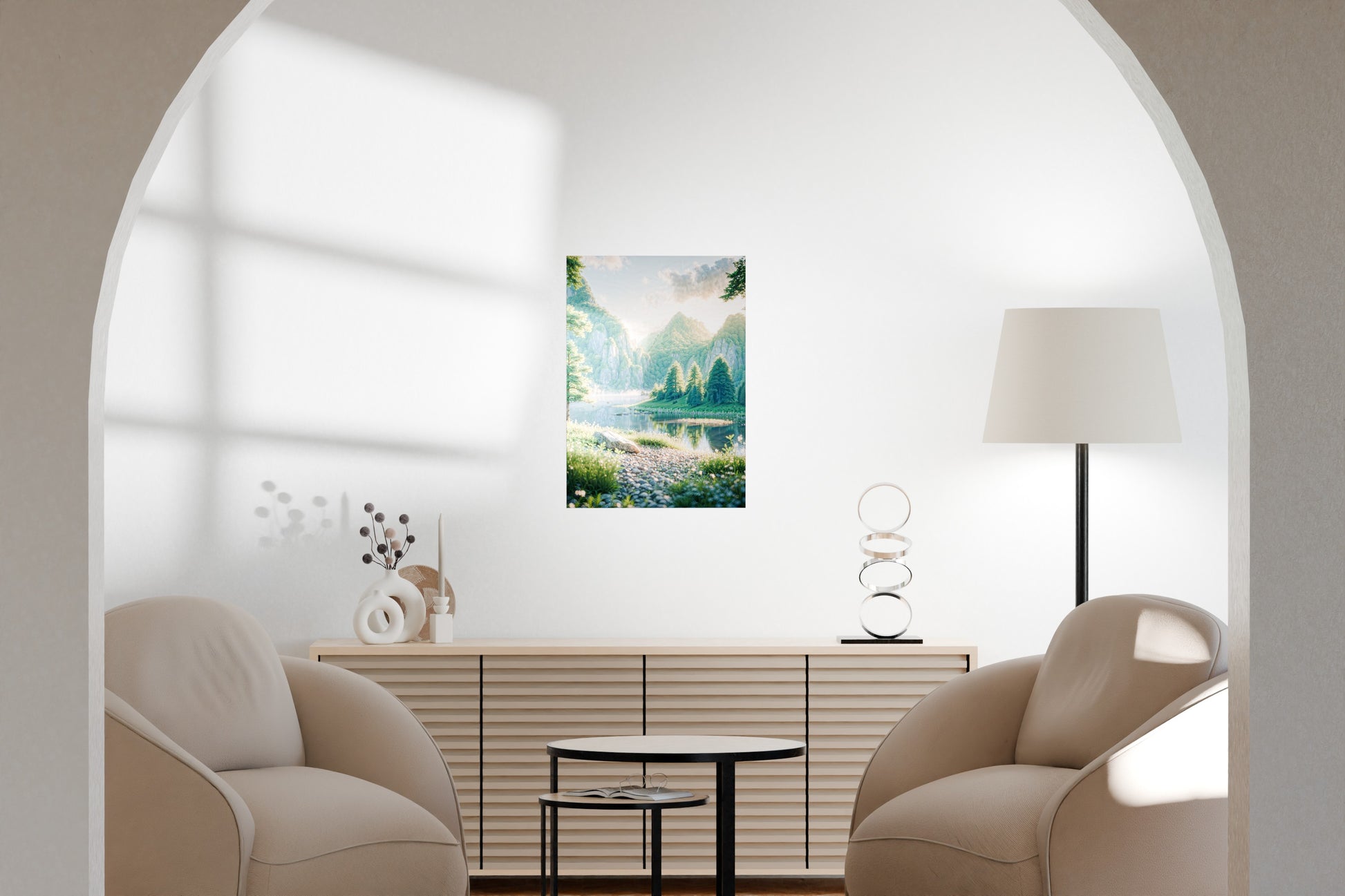 Contemporary living room mockup featuring a metal poster above a minimalist wooden console.