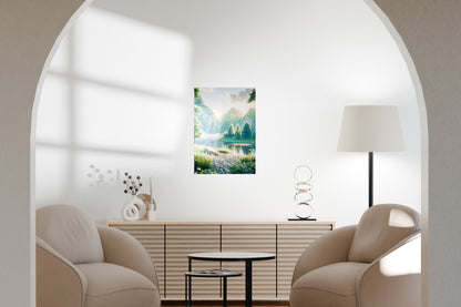 Contemporary living room mockup featuring a metal poster above a minimalist wooden console.